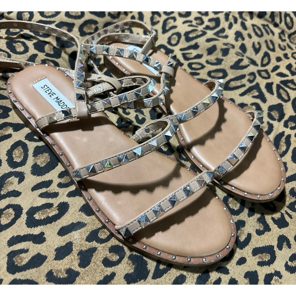 Steve Madden Women's Beige Travel‎ Studded Ankle Wrap Sandals, Size 8